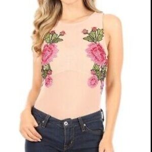Mind Code Mesh Sheer Flower Embroidery Body Suit, L